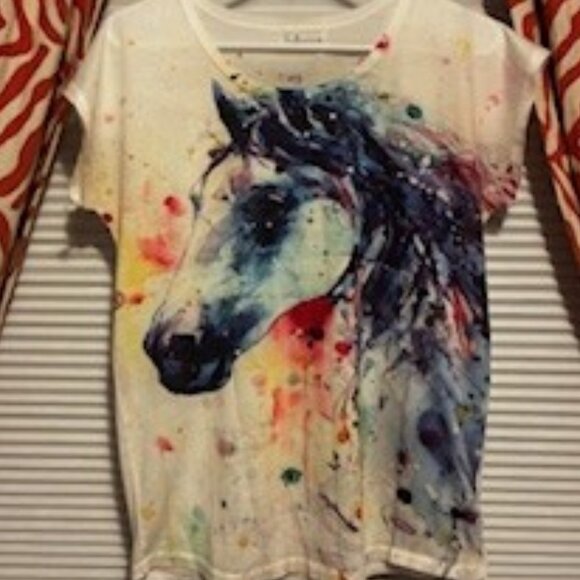 Watercolr Horse T-shirt, white background, Size small - Picture 1 of 6